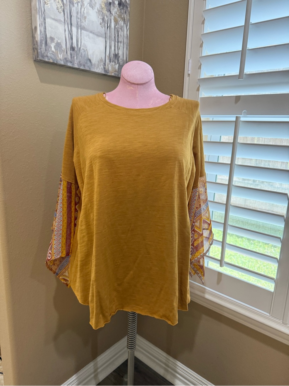 Umgee Mustard Tunic with Patterned Boho Sleeves